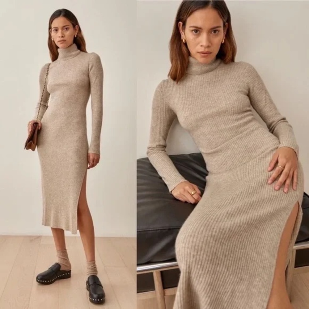Reformation Cashmere Robin Sweater Dress Turtleneck Slit Midi Small